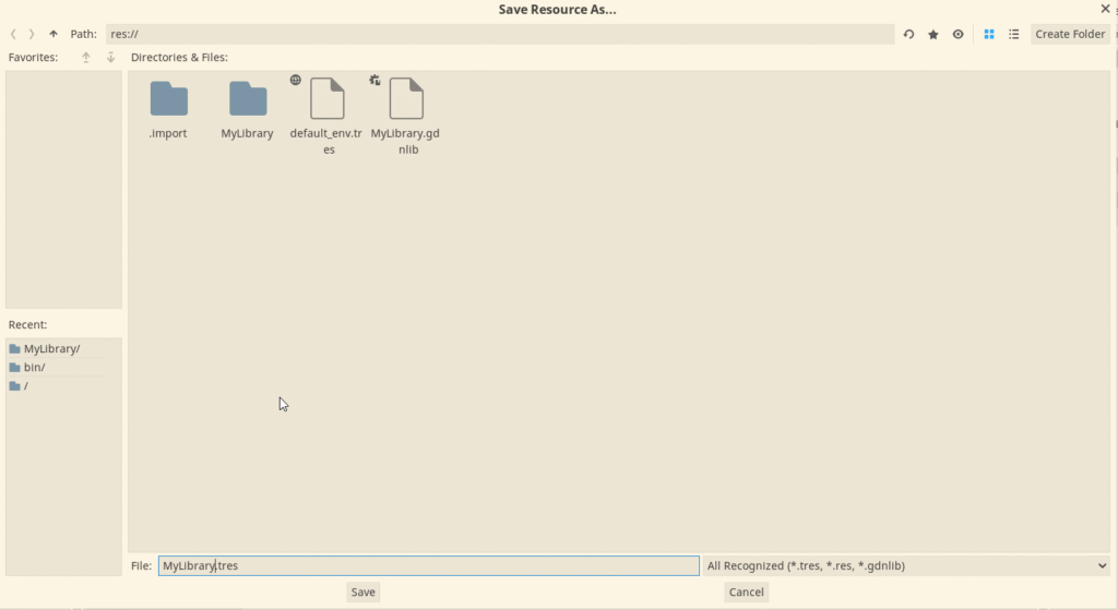 Saving the resource as MyLibrary.tres